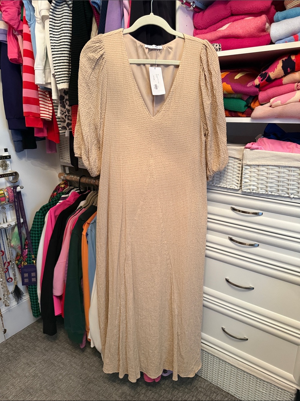 Karlie Beige Textured V-Neck Midi Dress with Puff Sleeves